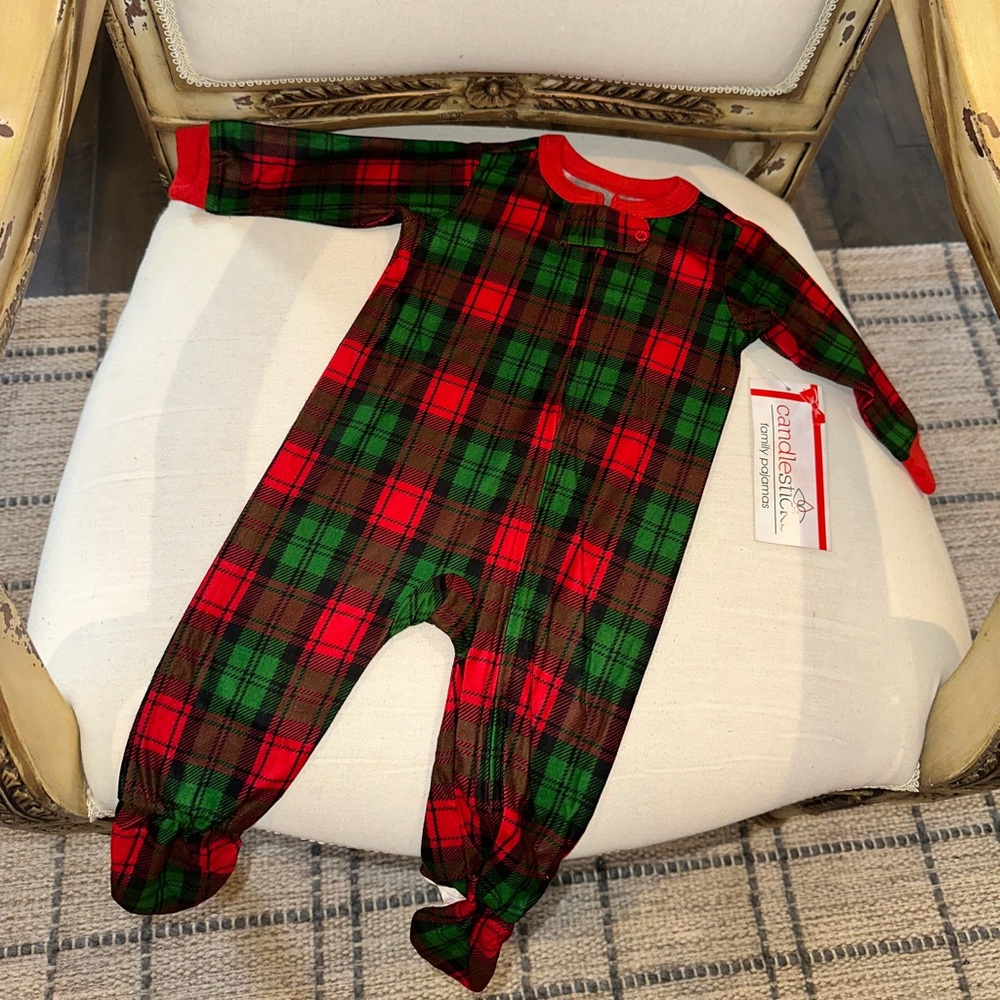 Candlesticks Infant Baby Pajamas Onsie Christmas Plaid Size 6 Months